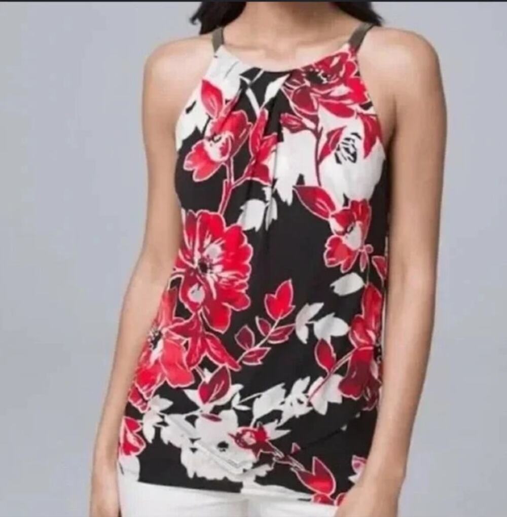 WHBM Floral Halter Blouse XS Red Black White Keyhole Back